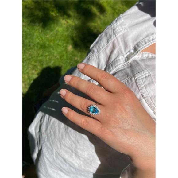 Solid 925 Sterling Silver Pear Shaped Blue Aquamarine CZ Cocktail Ring - Picture 7 of 7